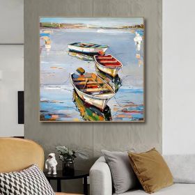 Hand Painted Oil Painting Canoe oil Paintings Nordic Seascape-Hand-Painted- Colorful Boats Oil Painting-Wall Art Handmade- For Home Decoration (Style: 1, size: 90x90cm)